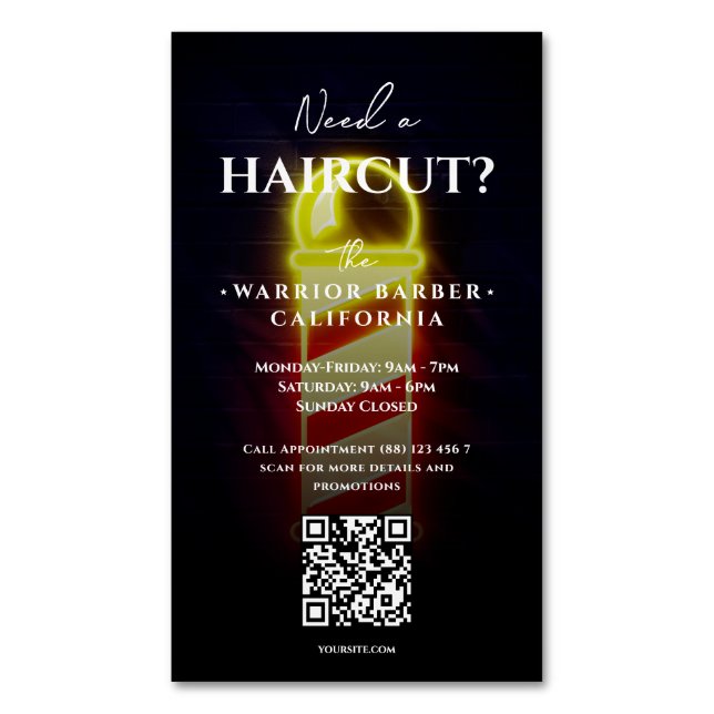 Modern Barbershop Glow Barber's Pole Barber Open Magnetic Business Card (Front Vertical)