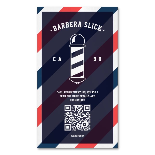 Modern Barbershop Hairstylist Barber's Pole Magnetic Business Card (Front Vertical)