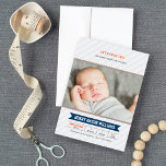 Modern Baseball Baby Boy Navy Orange Photo Birth Announcement<br><div class="desc">Announce your rookie of the year in style with these baseball themed birth announcement cards.  Design features a modern yet classic design with sporty lettering,  diagonal pinstripes,  baseball stitching detail,  a photo of baby,  custom text,  and baby's birth stats.  Grey,  navy blue,  orange,  and white colour scheme.</div>