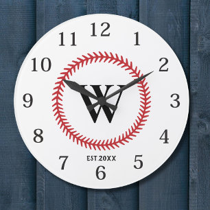 Modern Baseball Ball Sport Design Monogram Large Clock