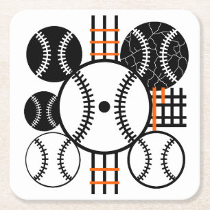 Modern Baseball Black White Orange Color Pattern Square Paper Coaster