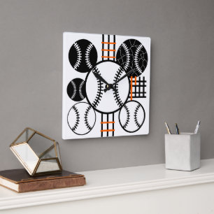 Modern Baseball Black White Orange Color Pattern Square Wall Clock
