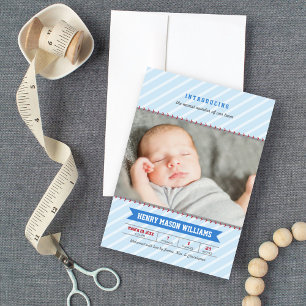 Modern Baseball Blue and Red Baby Boy Photo Birth Announcement