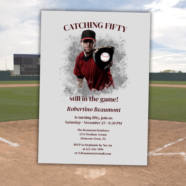 Modern Baseball Catching Fifty Men's 50th Birthday Invitation (Creator Uploaded)