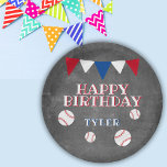 Modern Baseball Chalkboard Kids Birthday Party Paper Plate<br><div class="desc">Modern Baseball Chalkboard Kids Birthday Party Plates // Cute baseball birthday party plate for children. The design has baseballs and bunting flags in red, white and blue colours on the chalkboard background. Personalize this birthday party plate with a child`s name. Great for a boy who loves baseball and other sports....</div>