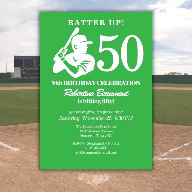 Modern Baseball Player Men's 50th Birthday Invitation (Creator Uploaded)