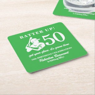 Modern Baseball Player Men's 50th Birthday Square Paper Coaster