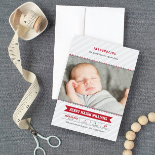 Modern Baseball Red Grey Baby Boy Photo Birth Announcement