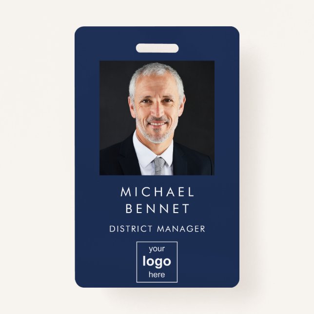 Modern Basic Navy Blue Corporate Photo ID Badge (Front)