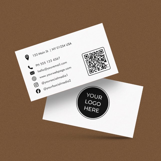 Modern Basic Social Media Scannable Logo Business Card (Card is shown in 3.5 x 2 inches. Personalize, choose size, corner and paper style.)