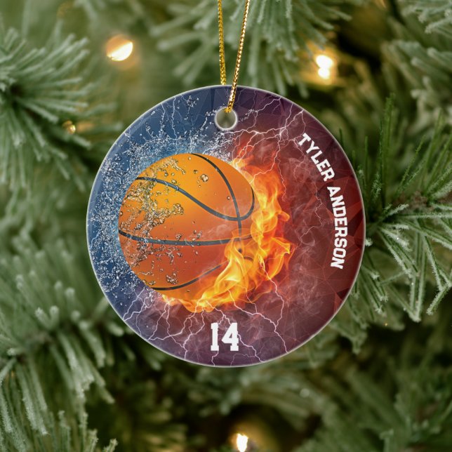 Modern Basketball Name and Player Number Fire Ice Ceramic Ornament (Tree)