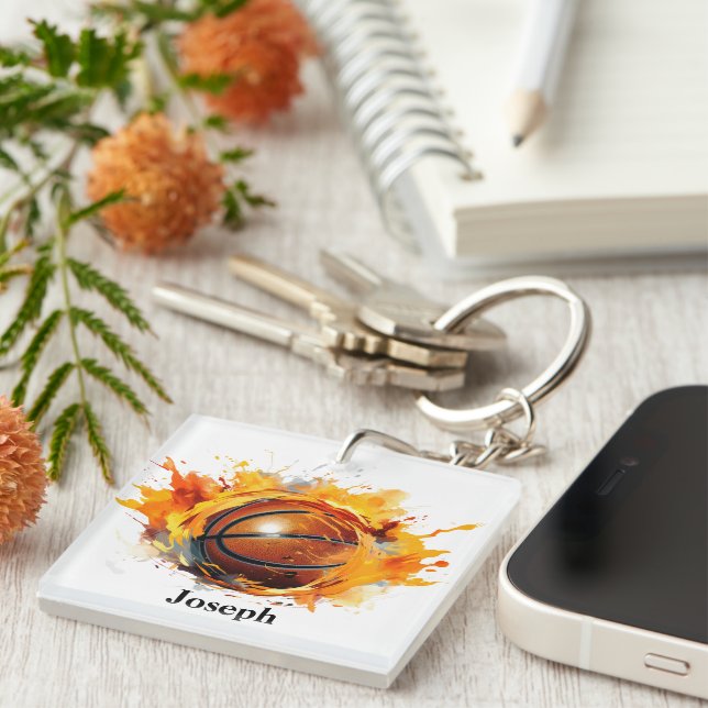 Modern Basketball on Fire Name Keychain (Front Right)