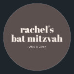 Modern Bat Mitzvah Autumn Brown Personalized  Classic Round Sticker<br><div class="desc">This personalized bat mitzvah sticker features a rich brown background with soft ivory cream typography and a clean, modern layout. Customize the name and date to use on favors, envelopes, thank you bags, or party packaging throughout the celebration. The round format and neutral palette coordinate easily with matching stationery and...</div>
