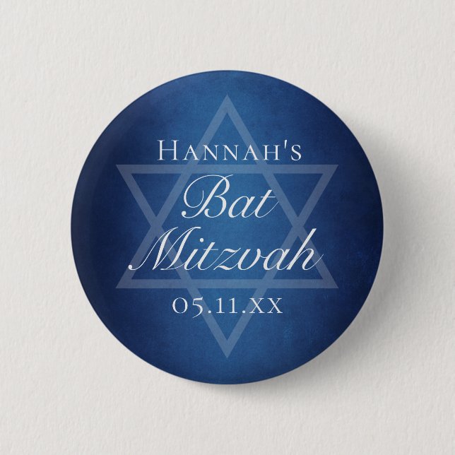 Modern Bat Mitzvah Blue Star of David Custom Party 2 Inch Round Button (Front)