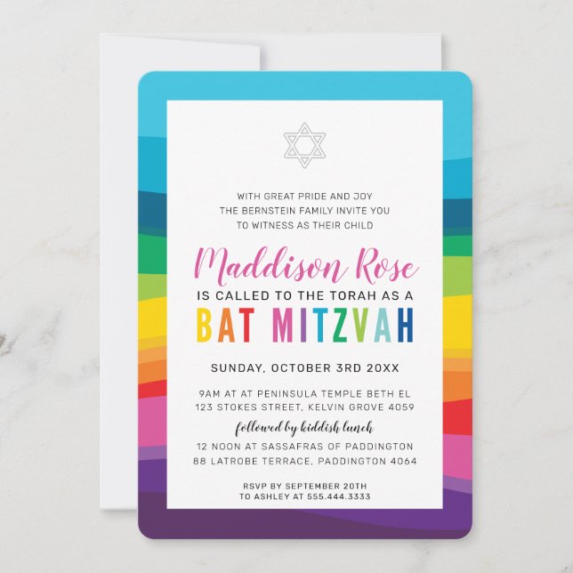 MODERN BAT MITZVAH colourful technicolor rainbow Invitation (Front)