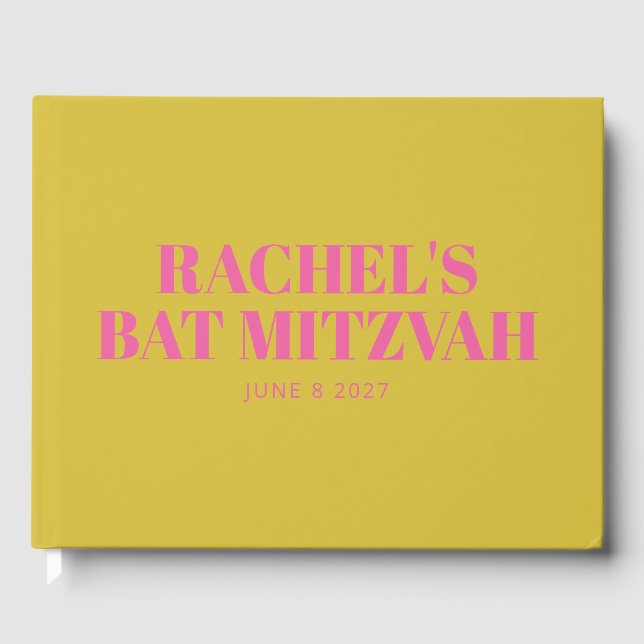 Modern Bat Mitzvah Cute Pink Yellow Personalized Guest Book (Front)