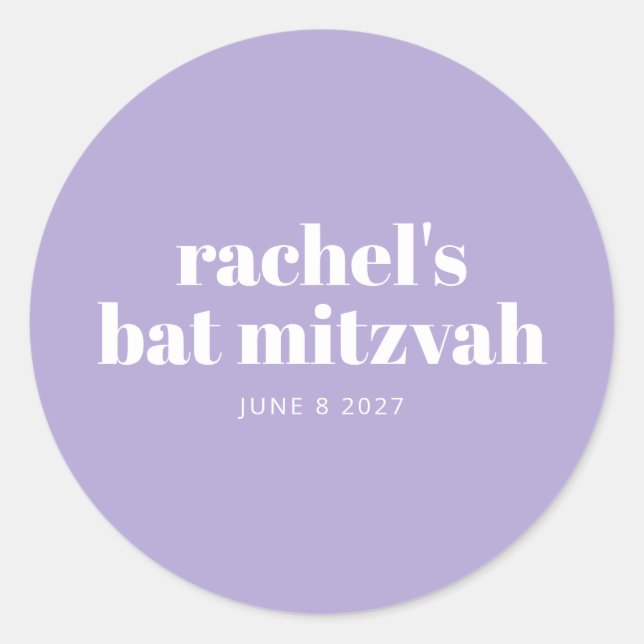 Modern Bat Mitzvah Lavender Purple Personalized  Classic Round Sticker (Front)