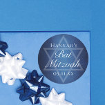 Modern Bat Mitzvah Party Blue Star of David Custom Classic Round Sticker<br><div class="desc">Beautiful deep shades of dark blue create a texture like water on this formal Bat Mitzvah party sticker. Elegant white minimalist script on a print with your daughter's name on the subtle Star of David to celebrate your Jewish daughter's coming of age.</div>