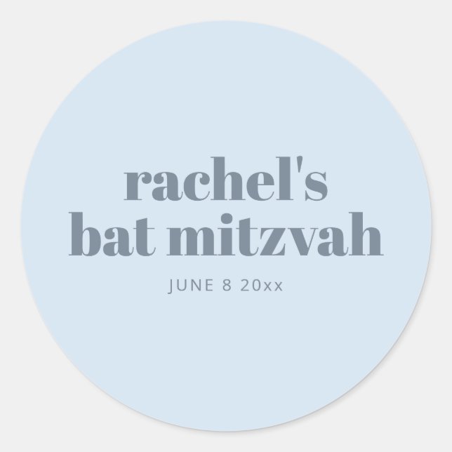 Modern Bat Mitzvah Soft Blue Personalized Favour Classic Round Sticker (Front)