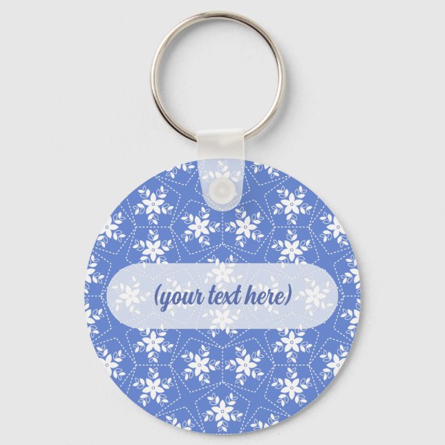 Modern Batik Pattern White Jasmine Floral Flower Keychain (Front)