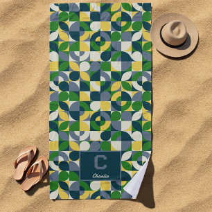 Modern Bauhaus Abstract Geometric Monogram Pattern Beach Towel