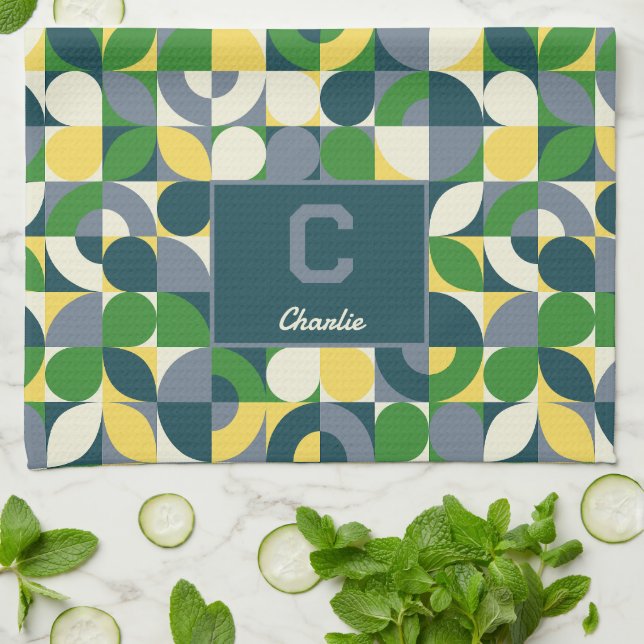 Modern Bauhaus Abstract Geometric Monogram Pattern Kitchen Towel (Folded)