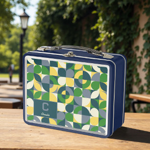 Modern Bauhaus Abstract Geometric Monogram Pattern Metal Lunch Box
