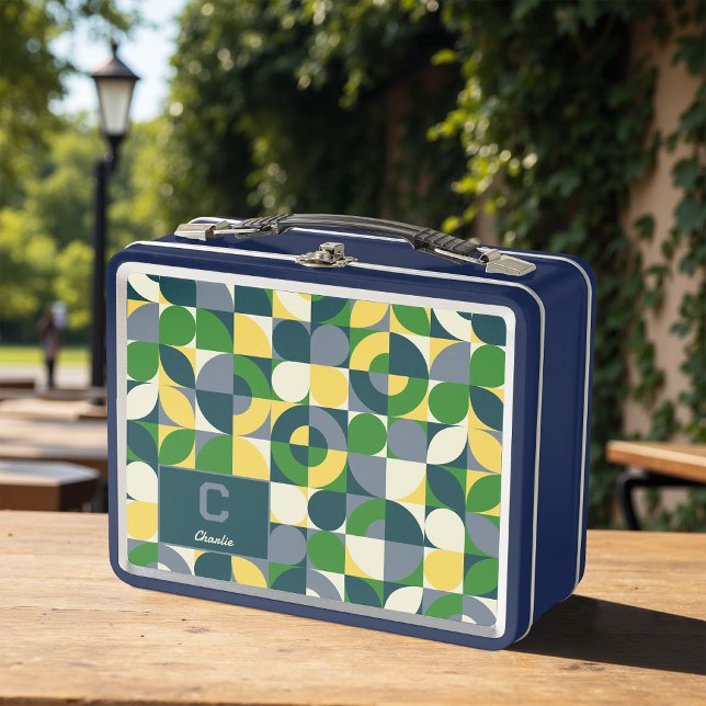 Modern Bauhaus Abstract Geometric Monogram Pattern Metal Lunch Box (Creator Uploaded)