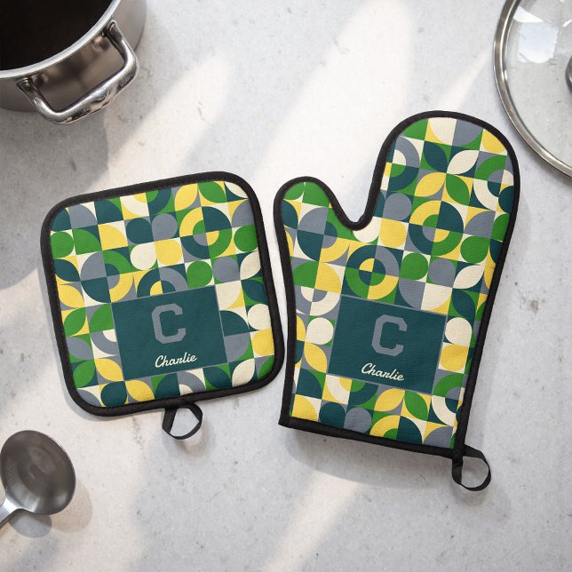 Modern Bauhaus Abstract Geometric Monogram Pattern Oven Mitt & Pot Holder Set (Creator Uploaded)