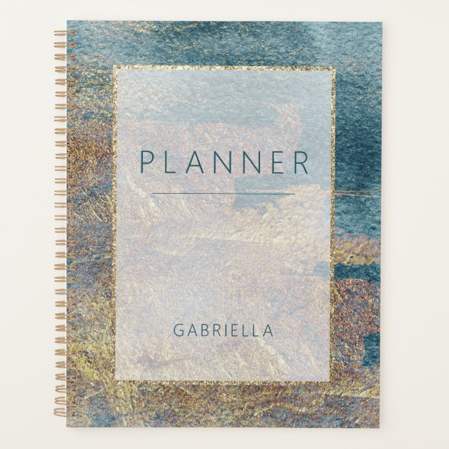 Modern Beach Abstract Teal & Gold Planner (Front)