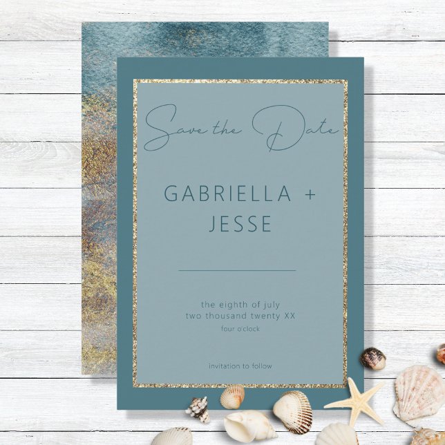 Modern Beach Abstract Teal & Gold Save The Date (Creator Uploaded)