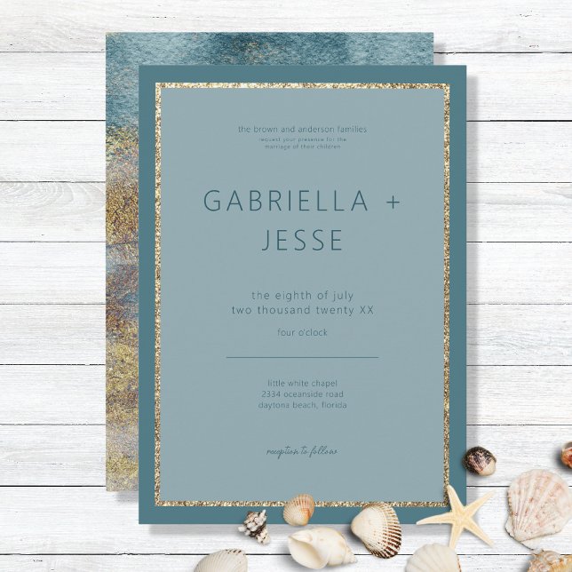 Modern Beach Abstract Teal & Gold Wedding Invitation (Creator Uploaded)