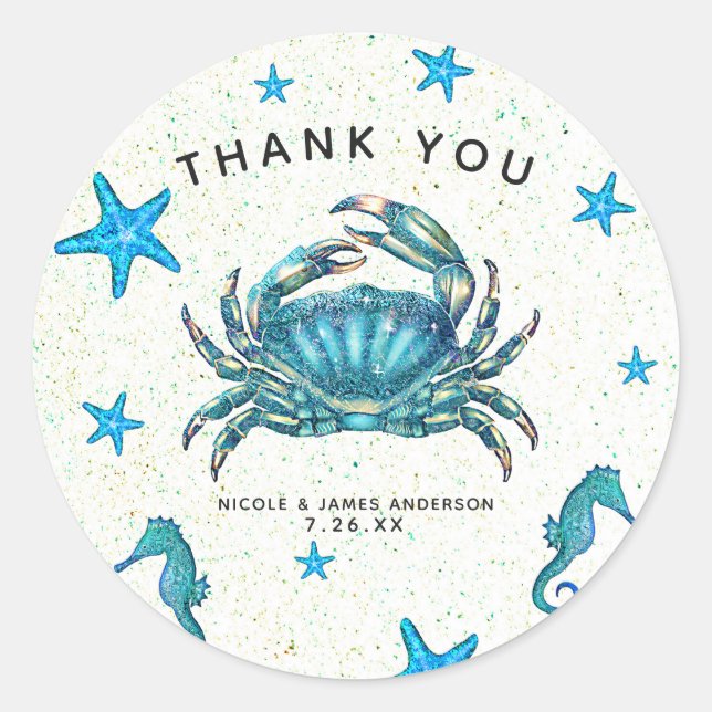 Modern Beach Blue Crab Starfish Seahorse Favour Classic Round Sticker (Front)