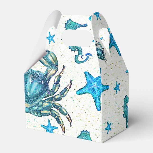 Modern Beach Blue Crab Starfish Seahorse Party Favor Box (Front Side)