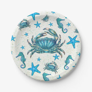 Modern Beach Blue Crab Starfish Seahorse Party Paper Plate