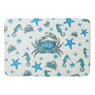 Modern Beach Blue Crab Starfish Seahorse Sparkle Bath Mat