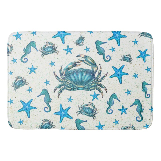 Modern Beach Blue Crab Starfish Seahorse Sparkle Bath Mat (Front)