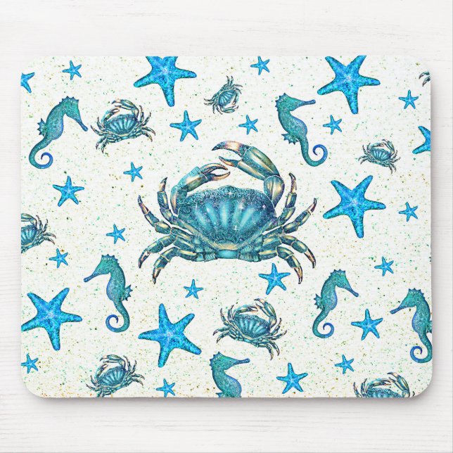 Modern Beach Blue Crab Starfish Seahorse Sparkle Mouse Pad (Front)