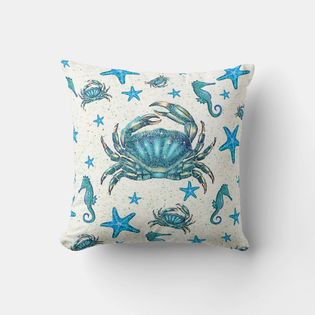 Modern Beach Blue Crab Starfish Seahorse Sparkle Throw Pillow (Front)