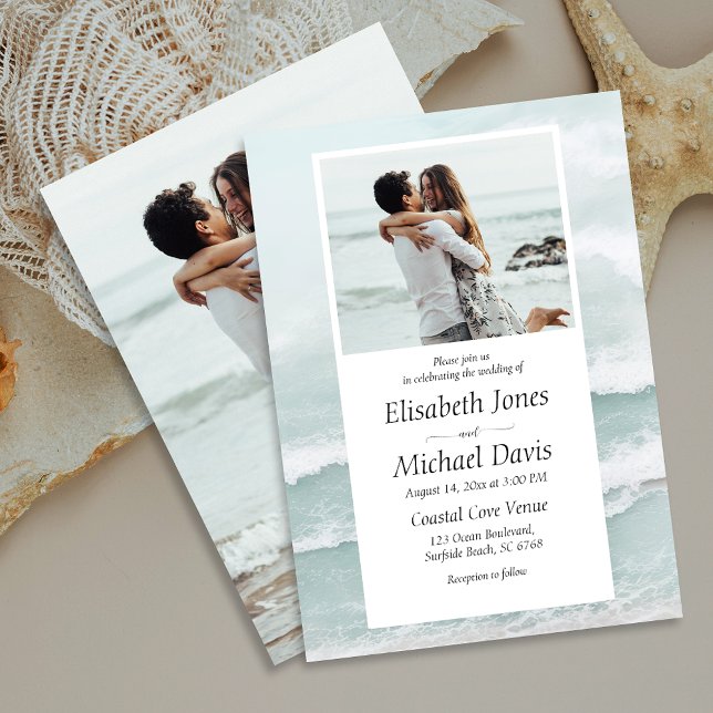 Modern Beach  Blue Ocean Wave Summer Photo Wedding Invitation (Say "I do" to the magic of the ocean and create cherished memories with your loved ones by the shore)