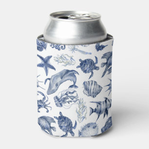 Modern Beach Coastal Watercolor Wedding Blue Can Cooler