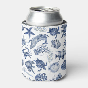 Modern Beach Coastal Watercolor Wedding Blue Can Cooler