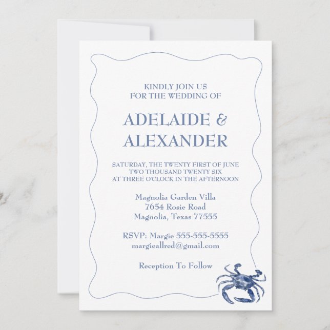Modern Beach Coastal Watercolor Wedding Blue Invitation (Front)