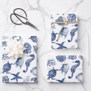 Modern Beach Coastal Watercolor Wedding Blue Wrapping Paper Sheet