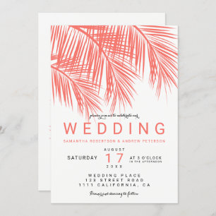 Modern beach coral palm tree elegant wedding invitation