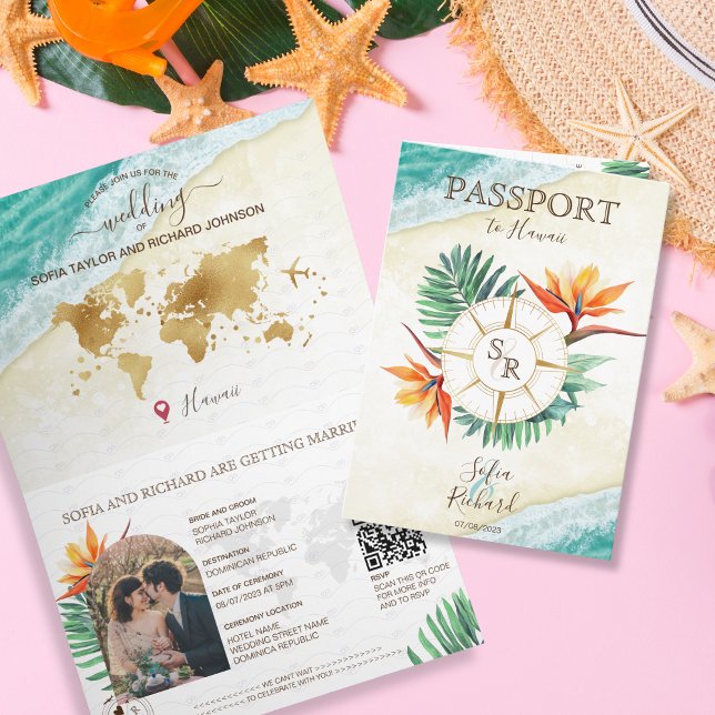 Modern Beach Destination Wedding Passport QR Code Invitation (Creator Uploaded)