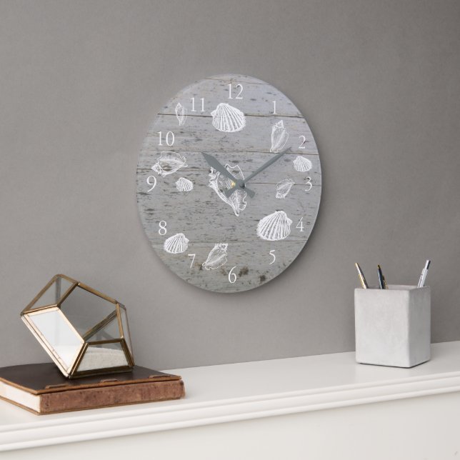 Modern beach driftwood ocean sea shells large clock (Office)