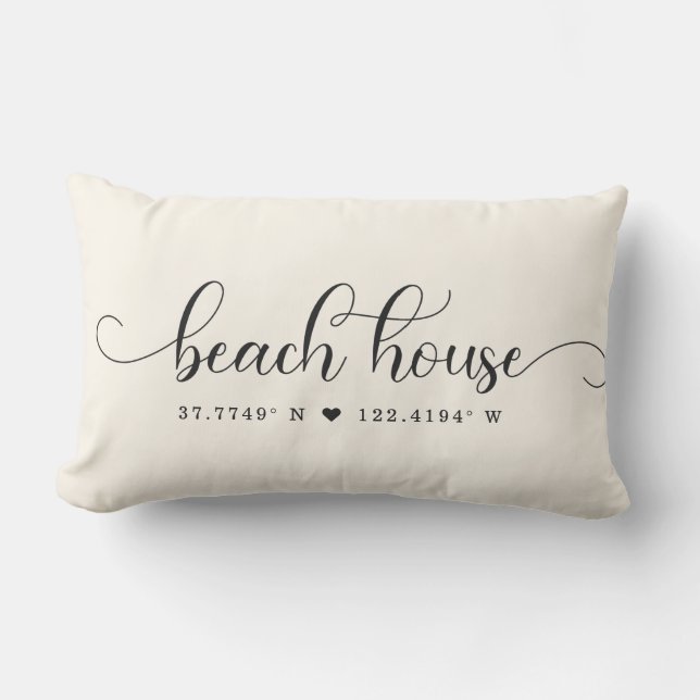 Modern Beach House Chic Script Custom Coordinates Lumbar Pillow (Front)
