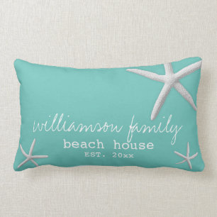 Modern Beach House Coastal Starfish Teal Blue Lumbar Pillow