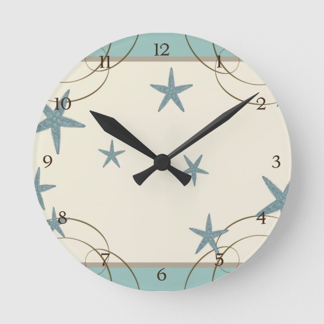 Modern Beach House Decor Starfish Sand Dollar Round Clock (Front)